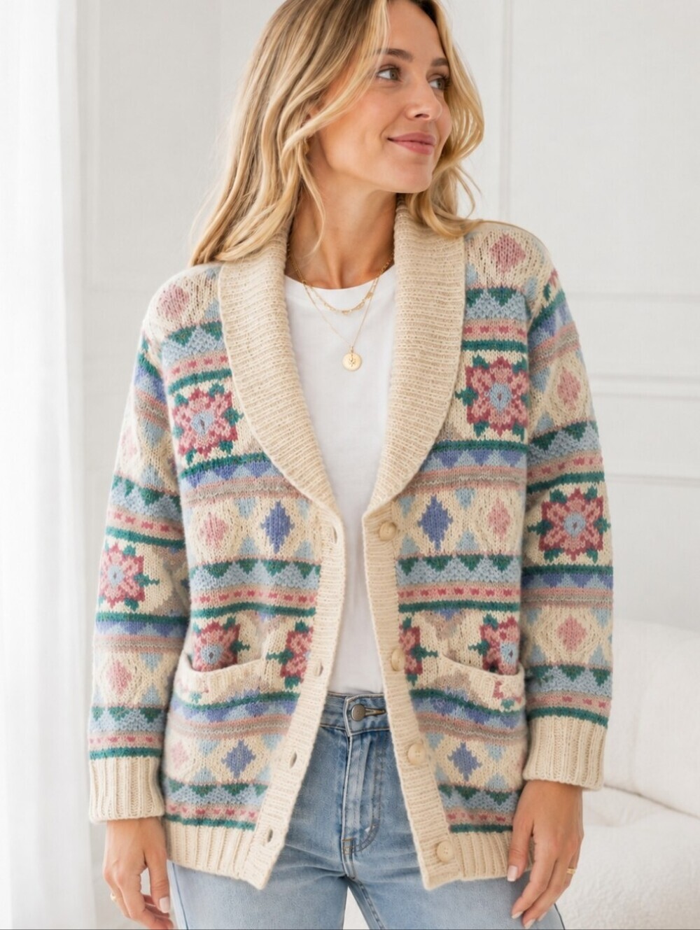 Vintage 100% Shetland Wool Shawl Collar Grandma Core Cardigan